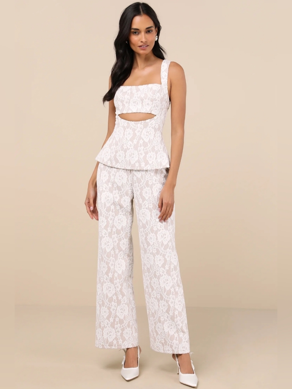 Lulus Eillis White and Beige Lace Cutout Sleeveless Jumpsuit NWT sz large